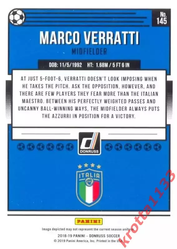 Карточка #145 Marco Verratti Italy PANINI Donruss Soccer 2018-2019 1