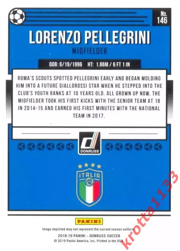 Карточка #146 Lorenzo Pellegrini Italy PANINI Donruss Soccer 2018-2019 1