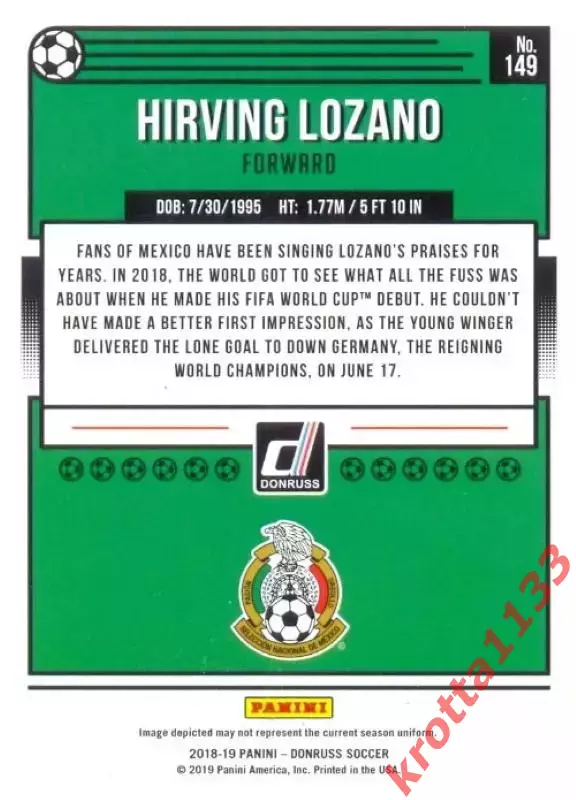 Карточка #149 Hirving Lozano Mexico PANINI Donruss Soccer 2018-2019 1