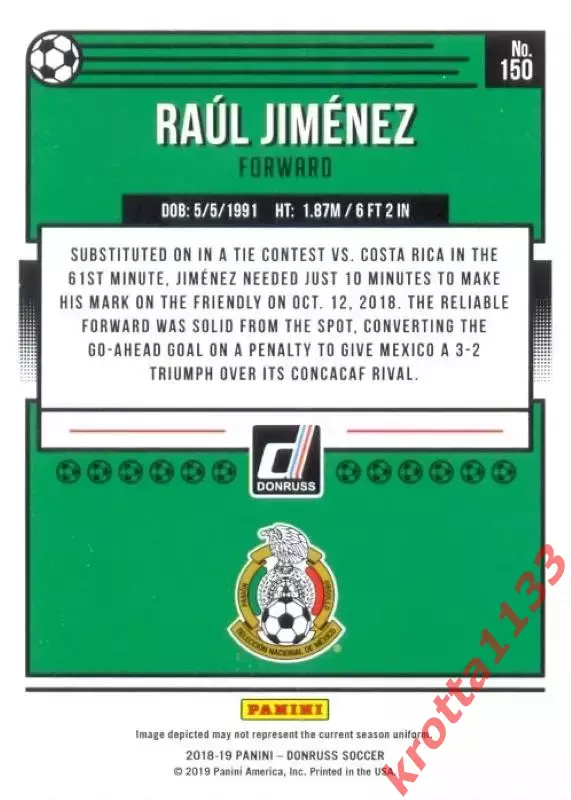 Карточка #150 Raul Jimenez Mexico PANINI Donruss Soccer 2018-2019 1