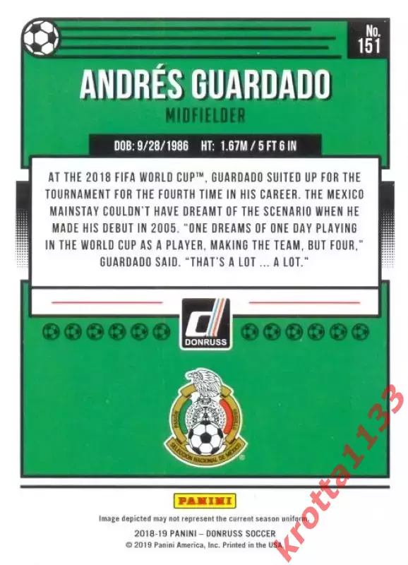 Карточка #151 Andres Guardado Mexico PANINI Donruss Soccer 2018-2019 1