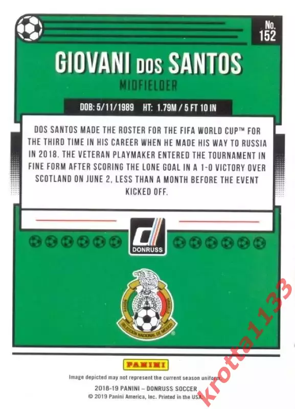Карточка #152 Giovani Dos Santos Mexico PANINI Donruss Soccer 2018-2019 1