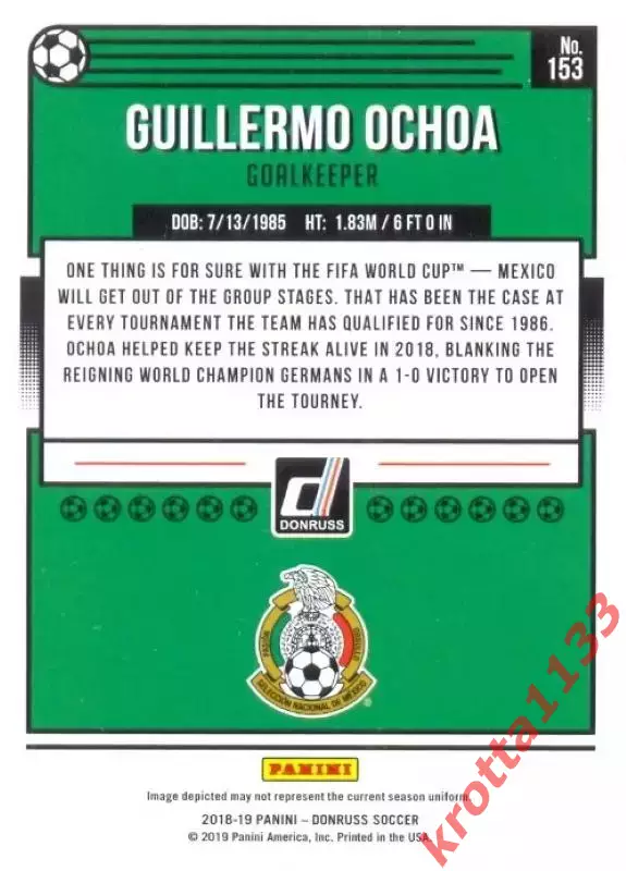 Карточка #153 Guillermo Ochoa Mexico PANINI Donruss Soccer 2018-2019 1