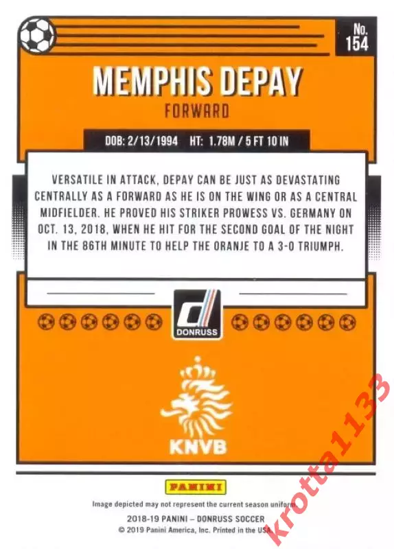 Карточка #154 Memphis Depay Netherlands PANINI Donruss Soccer 2018-2019 1