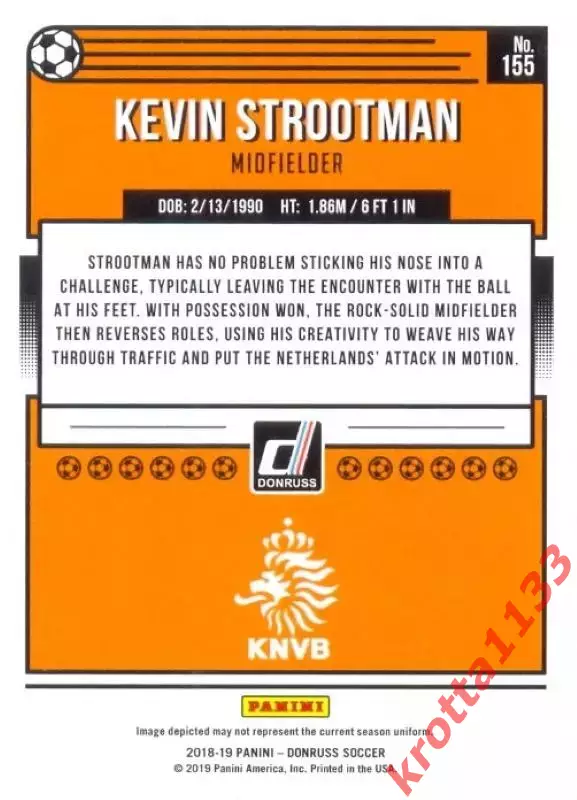 Карточка #155 Kevin Strootman Netherlands PANINI Donruss Soccer 2018-2019 1