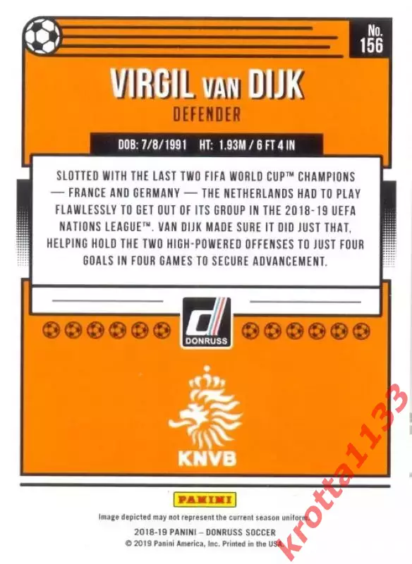 Карточка #156 Virgil van Dijk Netherlands PANINI Donruss Soccer 2018-2019 1