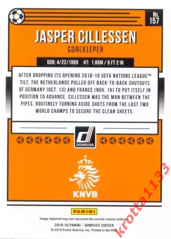 Карточка #157 Jasper Cillessen Netherlands PANINI Donruss Soccer 2018-2019 1