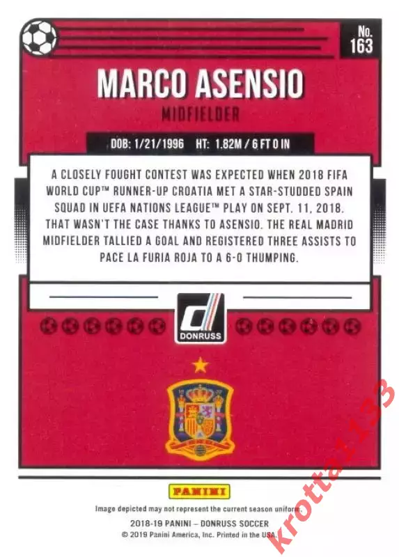 Карточка #163 Marco Asensio Spain PANINI Donruss Soccer 2018-2019 1