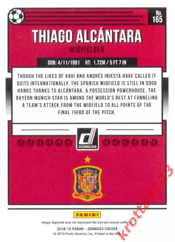 Карточка #165 Thiago Alcantara Spain PANINI Donruss Soccer 2018-2019 1