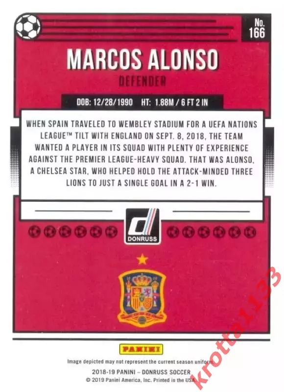 Карточка #166 Marcos Alonso Spain PANINI Donruss Soccer 2018-2019 1