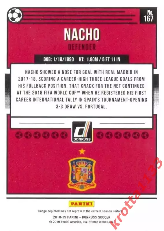 Карточка #167 Nacho Fernаndez Spain PANINI Donruss Soccer 2018-2019 1