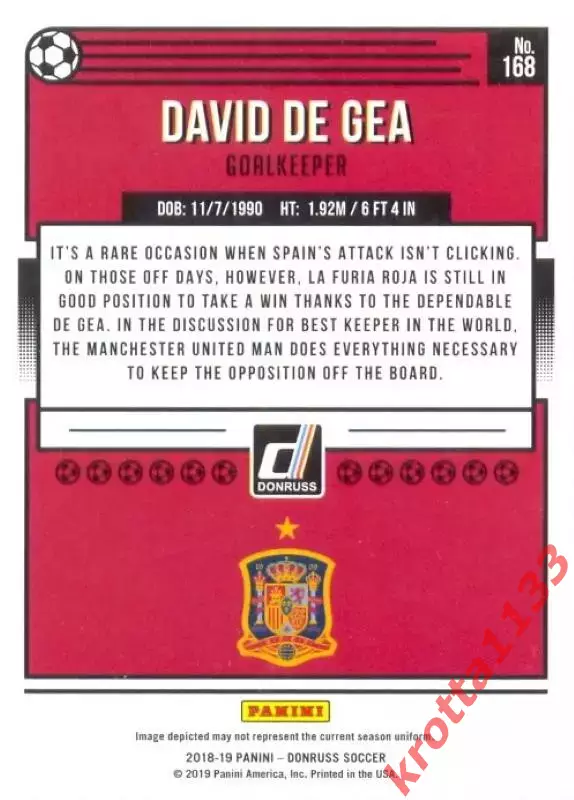 Карточка #168 David de Gea Spain PANINI Donruss Soccer 2018-2019 1