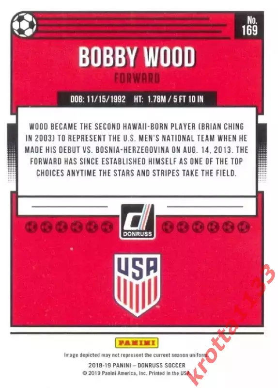 Карточка #169 Bobby Wood United States PANINI Donruss Soccer 2018-2019 1