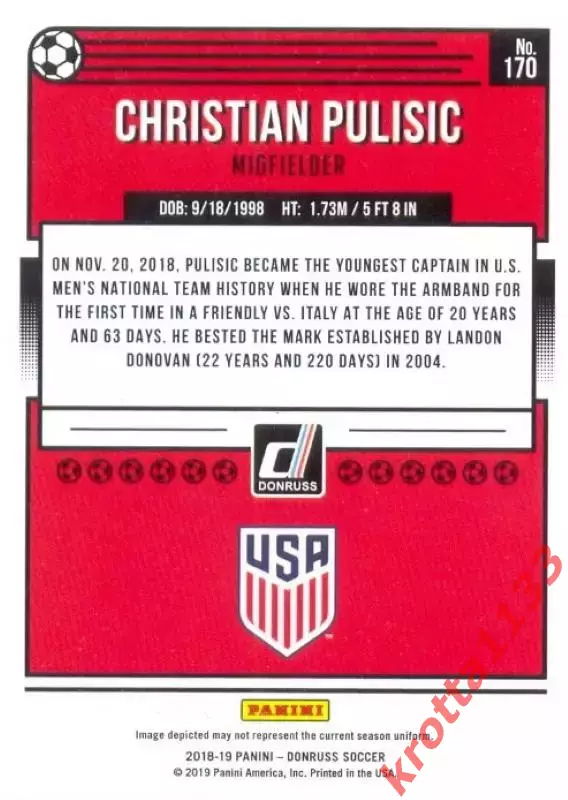 Карточка #170 Christian Pulisic United States PANINI Donruss Soccer 2018-2019 1
