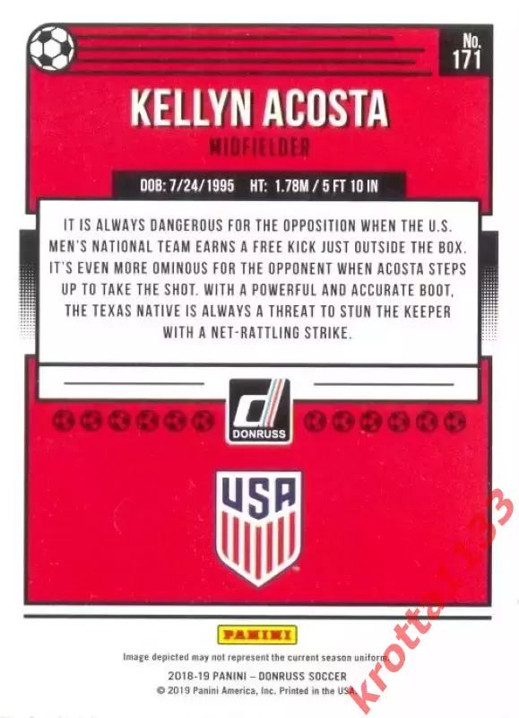 Карточка #171 Kellyn Acosta United States PANINI Donruss Soccer 2018-2019 1