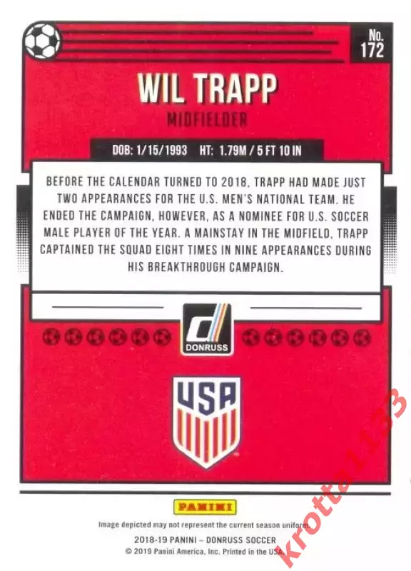 Карточка #172 Wil Trapp United States PANINI Donruss Soccer 2018-2019 1