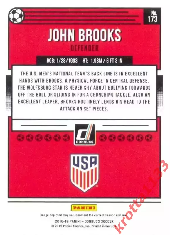 Карточка #173 John Brooks United States PANINI Donruss Soccer 2018-2019 1