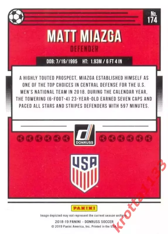 Карточка #174 Matt Miazga United States PANINI Donruss Soccer 2018-2019 1