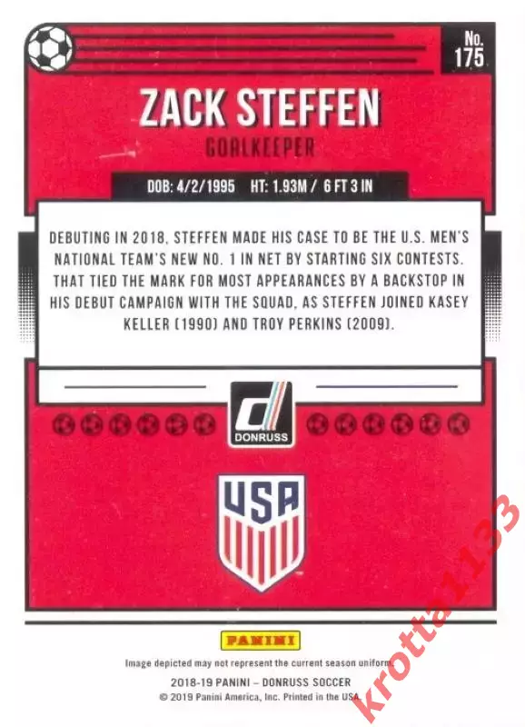 Карточка #175 Zack Steffen United States PANINI Donruss Soccer 2018-2019 1