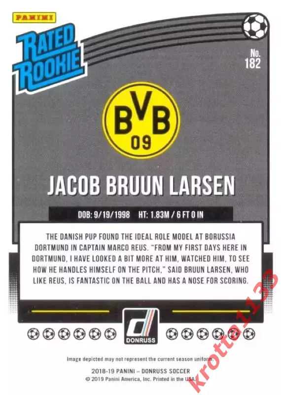 Карточка #182 Jacob Bruun Larsen Borussia Dortmund PANINI Donruss Soccer 2018-19 1