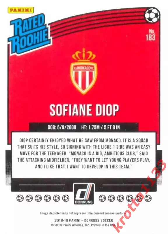 Карточка #183 Sofiane Diop AS Monaco PANINI Donruss Soccer 2018-2019 1