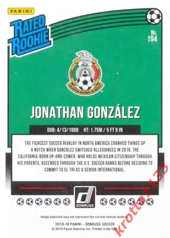 Карточка #194 Jonathan Gonzalez Mexico PANINI Donruss Soccer 2018-2019 1