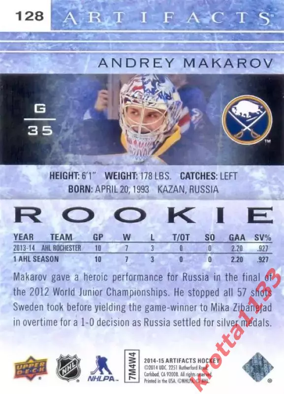 Andrey Makarov Buffalo Sabres Upper Deck Artifacts 2014-2015 1