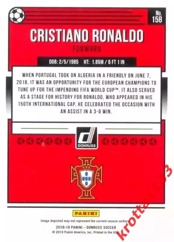 Карточка #158 Cristiano Ronaldo Portugal PANINI Donruss Soccer 2018-2019 1