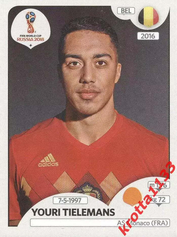 Наклейка #524 Youri Tielemans Belgium для альбома PANINI Чемпионат Мира 2018