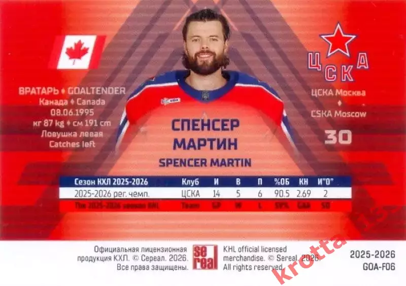 Спенсер Мартин ЦСКА Москва SeReal КХЛ Матч Звёзд - Первый сезон 2025-2026 1
