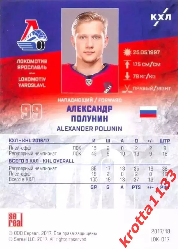 Александр Полунин Локомотив Ярославль SeReal Карточки КХЛ 2017-2018 1