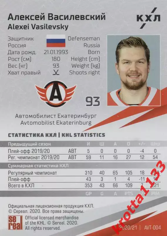 Алексей Василевский Автомобилист Екатеринбург КХЛ сезон 2020/21 SeReal 1