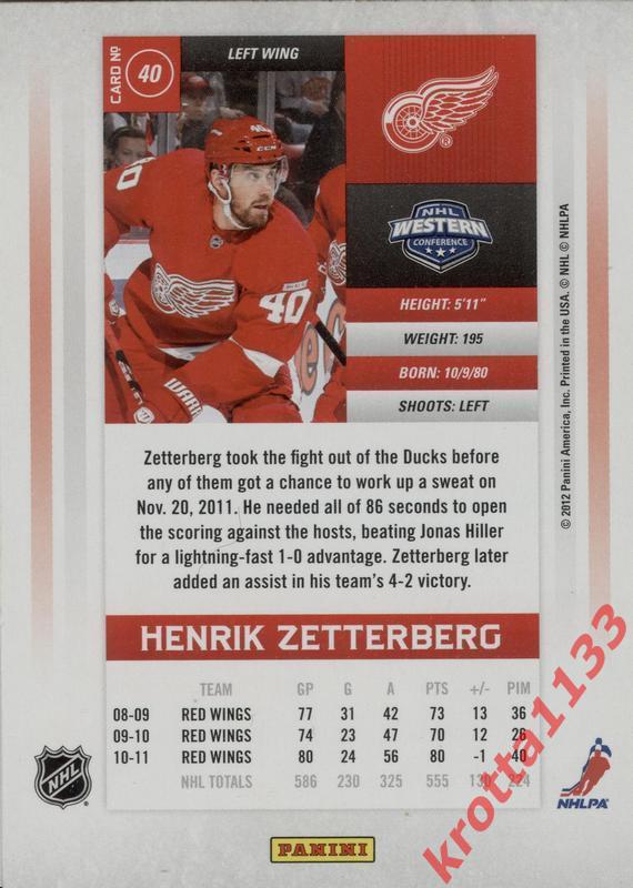Henrik Zetterberg Detroit Red Wings PANINI Contenders 2011-2012 1