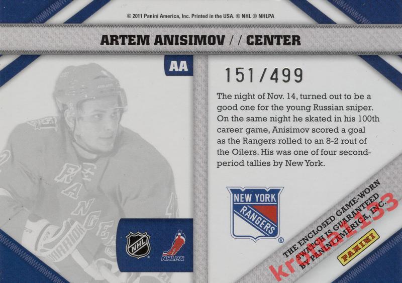 Artem Anisimov New York Rangers PANINI Pinnacle 2010-2011 1