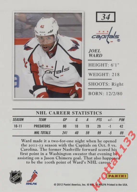 Joel Ward Washington Capitals PANINI Elite 2011-2012 1