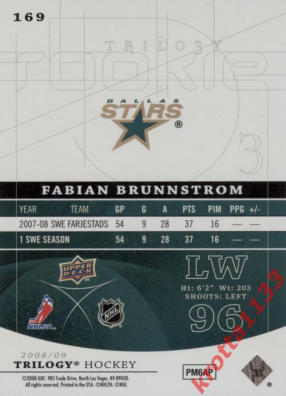 Fabian Brunnstrom Dallas Stars Upper Deck Trilogy Hockey 2008-2009 1