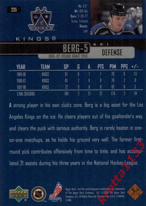 Aki Berg Los Angeles Kings Upper Deck Hockey 1999-2000 1