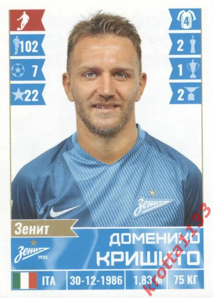 Наклейка #103 Доменико Кришито Зенит СПб для альбома PANINI РФПЛ 2016-2017