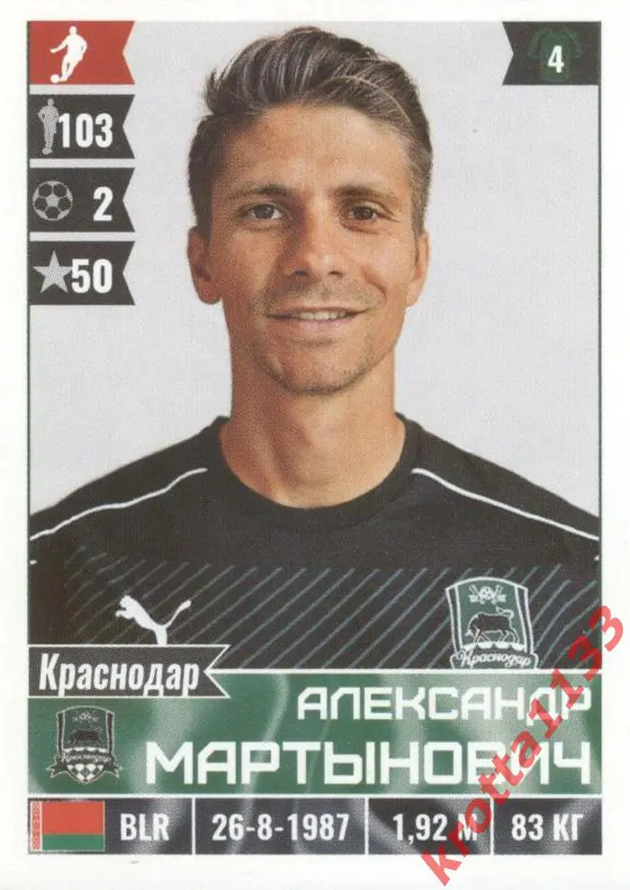 Наклейка #122 Александр Мартынович Краснодар для альбома PANINI РФПЛ 2016-2017