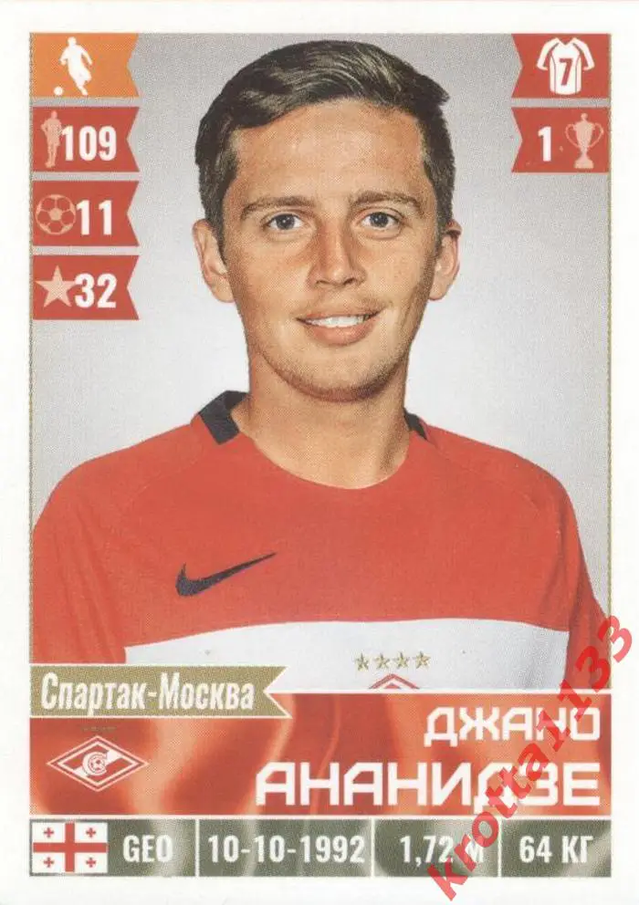 Наклейка #155 Джано Ананидзе Спартак Москва для альбома PANINI РФПЛ 2016-2017