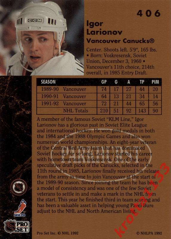 Igor Larionov Vancouver Canucks PRO SET Parkhurst Hockey 1991-1992 1