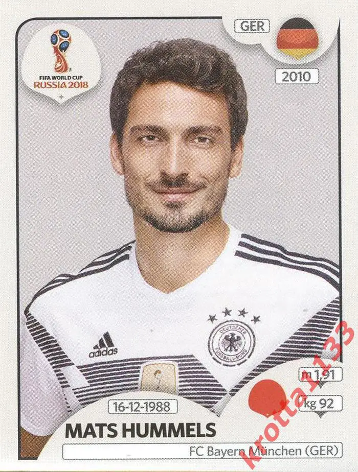 Наклейка #435 Mats Hummels Germany для альбома PANINI Чемпионат Мира 2018