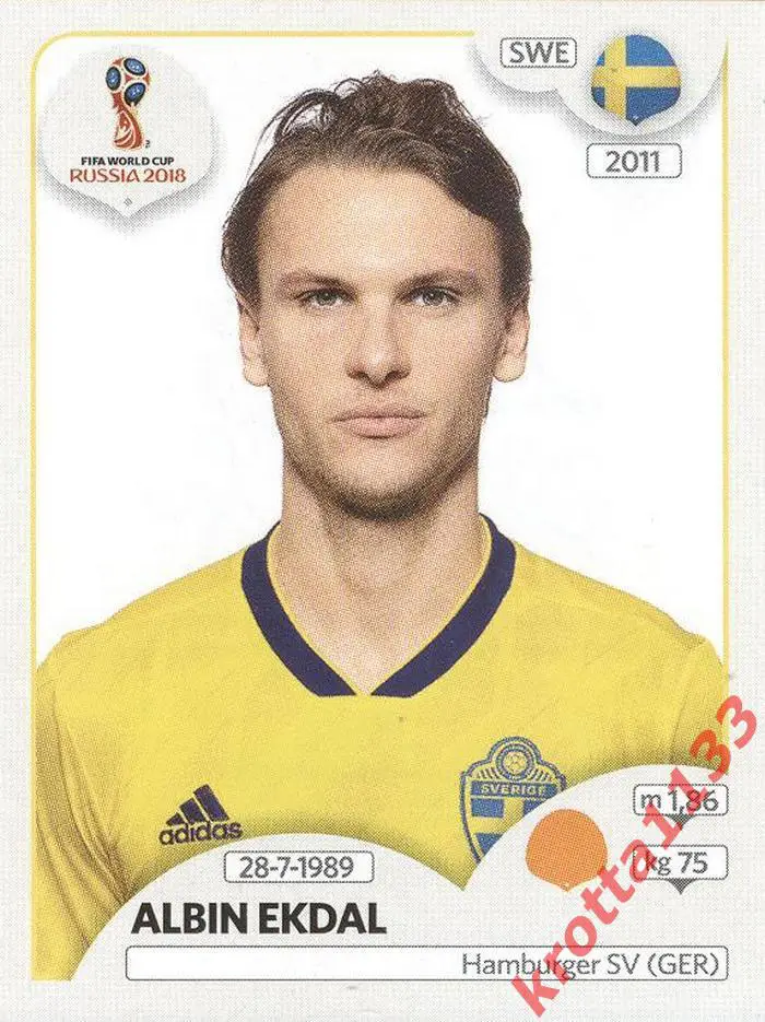 Наклейка #487 Albin Ekdal Sweden для альбома PANINI Чемпионат Мира 2018