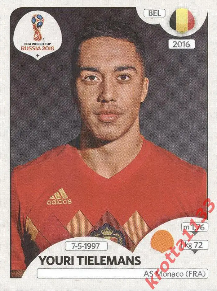 Наклейка #524 Youri Tielemans Belgium для альбома PANINI Чемпионат Мира 2018