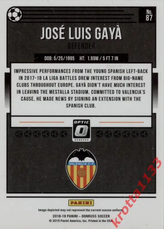Jose Luis Gaya Valencia CF PANINI Donruss Soccer 2018-2019 1