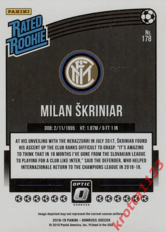 Milan Skriniar FC Internazionale PANINI Donruss Soccer 2018-2019 1