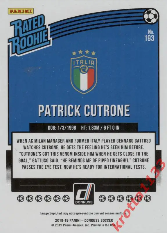 Patrick Cutrone (Italy) PANINI Donruss Soccer 2018-2019 1