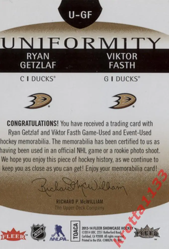 Getzlaf / Fasth Anaheim Ducks Upper Deck Fleer Showcase Hockey 2013-2014 1