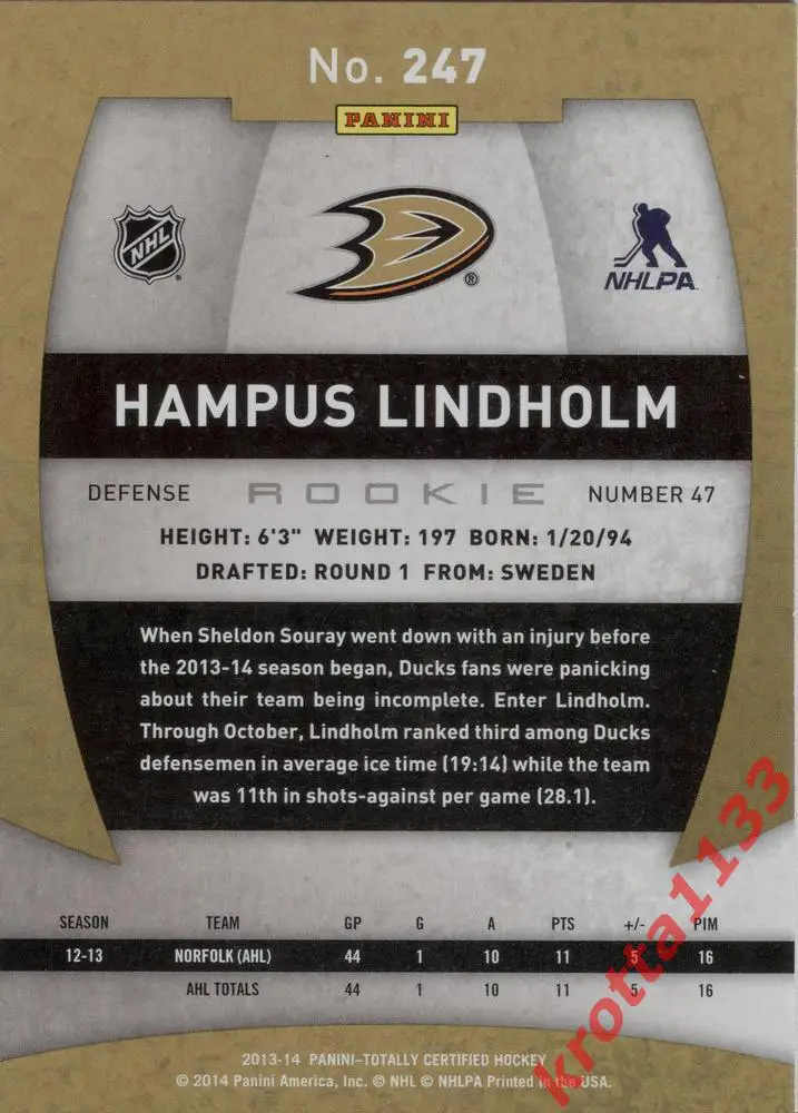 Hampus Lindholm Anaheim Ducks PANINI Totally Certified 2013-2014 1