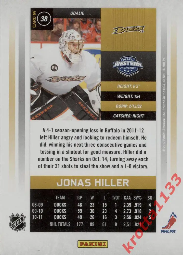 Jonas Hiller Anaheim Ducks PANINI Contenders 2011-2012 1